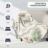 Watercolor Tropical Banana Leaves and Bird of Paradise Floral Lovely  Personalised Custom Name Super Soft Fleece Blanket Bed Sofa Throw
