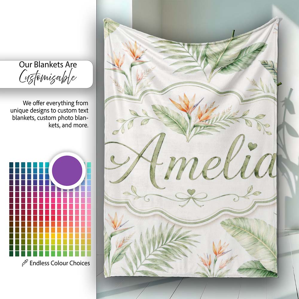 Watercolor Tropical Banana Leaves and Bird of Paradise Floral Lovely  Personalised Custom Name Super Soft Fleece Blanket Bed Sofa Throw