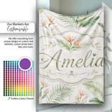 Watercolor Tropical Banana Leaves and Bird of Paradise Floral Lovely  Personalised Custom Name Super Soft Fleece Blanket Bed Sofa Throw