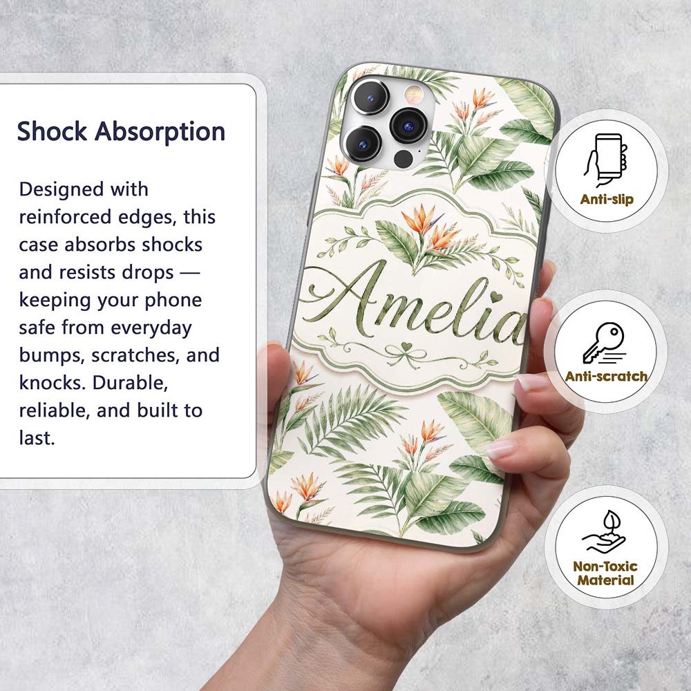 Watercolor Tropical Banana Leaves and Bird of Custom Name Protective Phone Case Mobile Cover Durable Everyday Smartphone Shock Resistant
