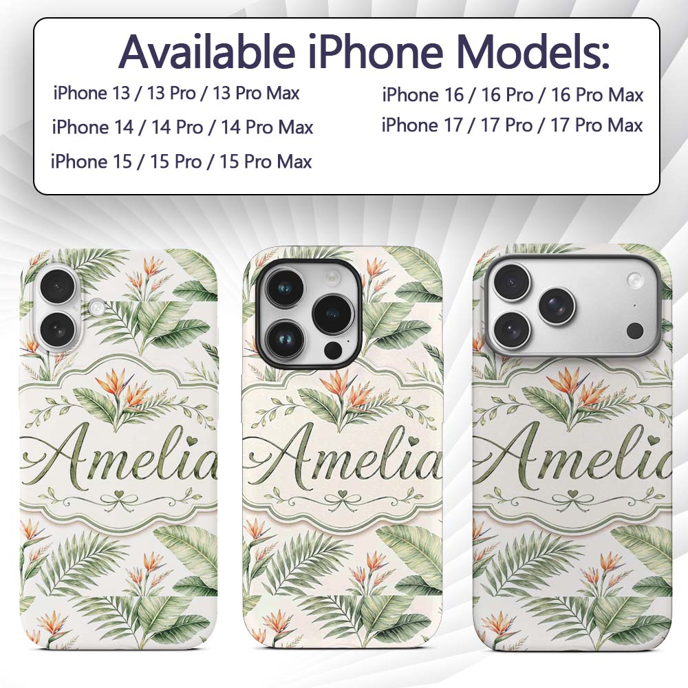 Watercolor Tropical Banana Leaves and Bird of Custom Name Protective Phone Case Mobile Cover Durable Everyday Smartphone Shock Resistant