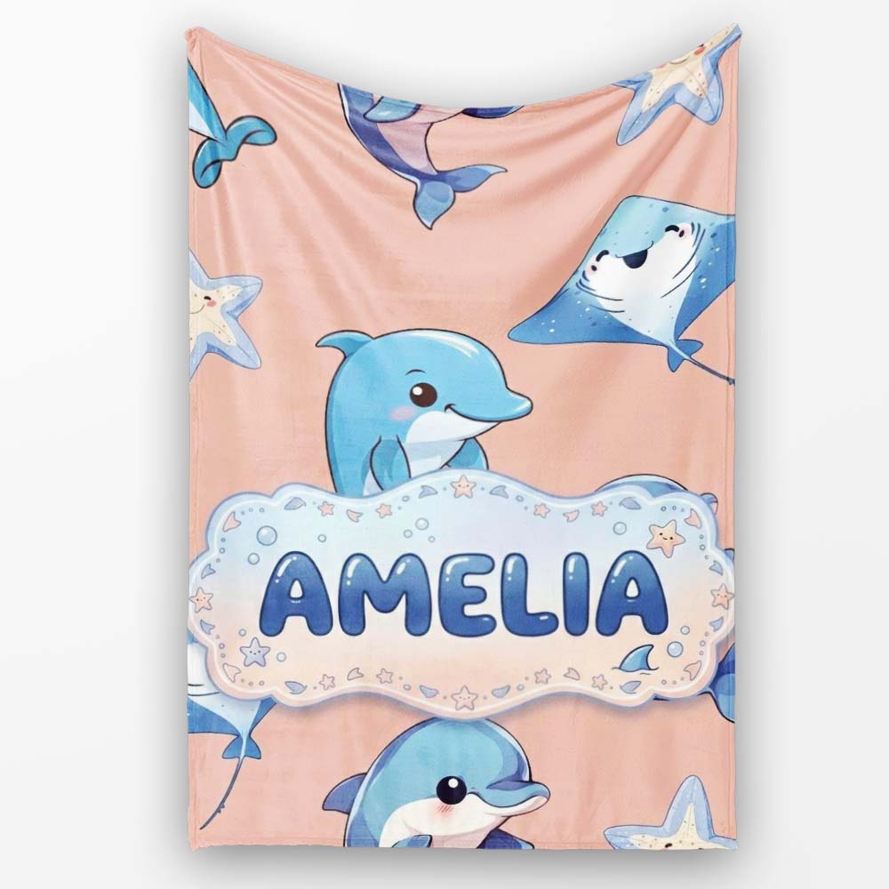 Cute Dolphin Stingray Starfish Cartoon Sea Life Pattern Beige Lovely  Personalised Custom Name Super Soft Fleece Blanket Bed Sofa Throw