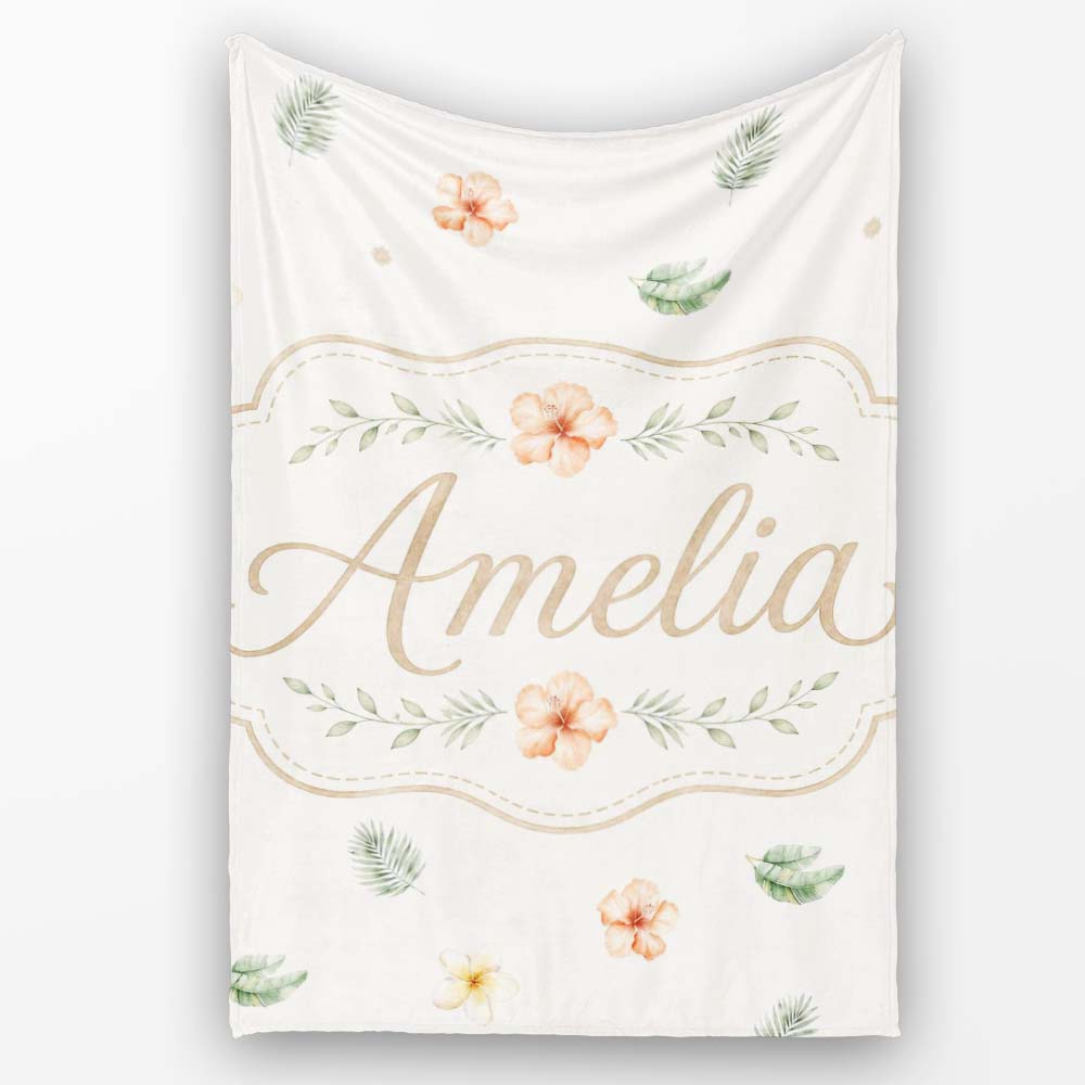 Minimal Tropical Floral and Leaf Scattered Pattern with Soft Neutral  Personalised Custom Name Super Soft Fleece Blanket Bed Sofa Throw