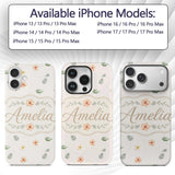 Minimal Tropical Floral and Leaf Printed Design Custom Name Protective Phone Case Mobile Cover Durable Everyday Smartphone Shock Resistant