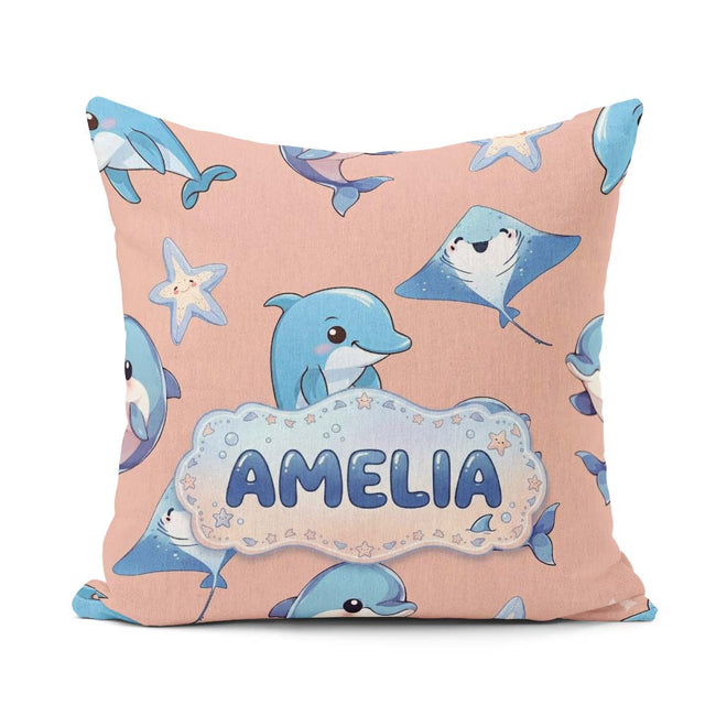 Custom Name Cute Dolphin Stingray Cartoon Sea Life Pattern Beige Square Filled Cushion Throw Pillow Sofa Bed Home Decor Zip Washable UK Made