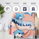 Cute Dolphin Stingray Starfish Cartoon Sea Life Pattern Beige Lovely  Personalised Custom Name Super Soft Fleece Blanket Bed Sofa Throw