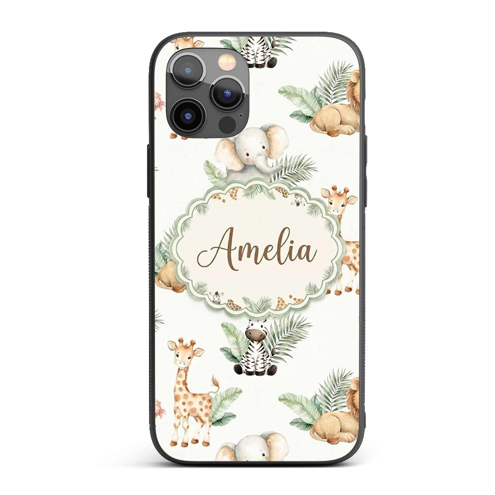 Cute Safari Jungle Animals Lion Elephant Giraffe Custom Name Protective Phone Case Mobile Cover Durable Everyday Smartphone Shock Resistant