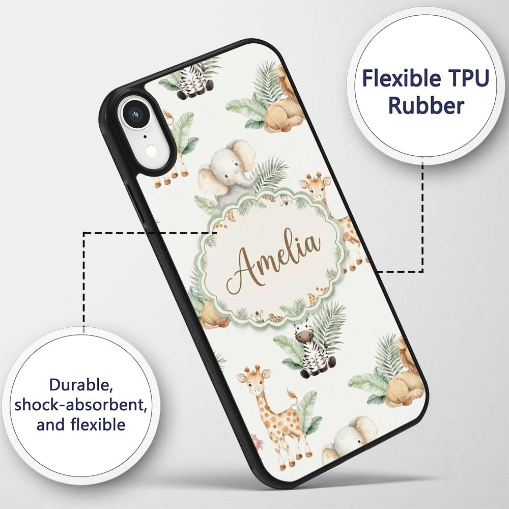Cute Safari Jungle Animals Lion Elephant Giraffe Custom Name Protective Phone Case Mobile Cover Durable Everyday Smartphone Shock Resistant