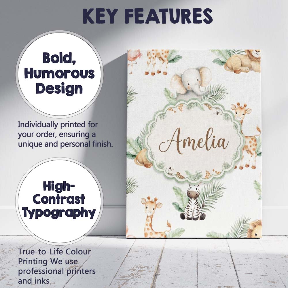 Personalised Name Cute Safari Jungle Custom Premium Decorative Design Modern Room Accent Canvas Wall Art Print Decor Picture Ready to Hang
