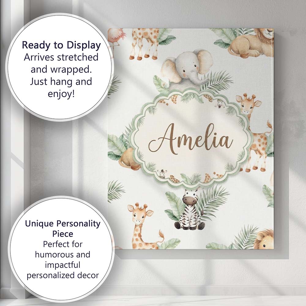 Personalised Name Cute Safari Jungle Custom Premium Decorative Design Modern Room Accent Canvas Wall Art Print Decor Picture Ready to Hang