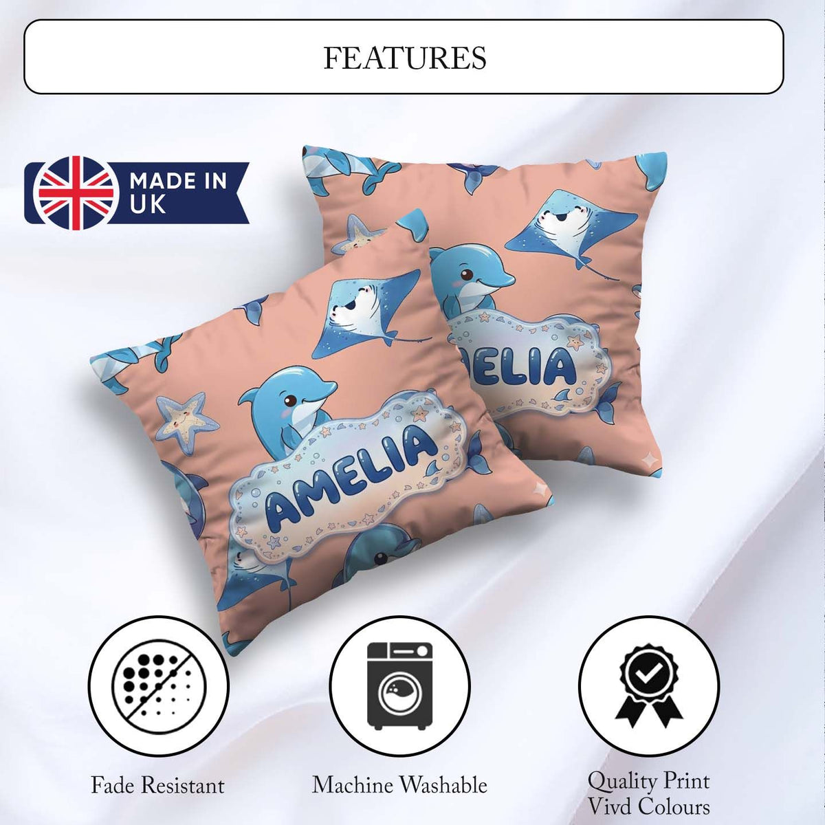 Custom Name Cute Dolphin Stingray Cartoon Sea Life Pattern Beige Square Filled Cushion Throw Pillow Sofa Bed Home Decor Zip Washable UK Made