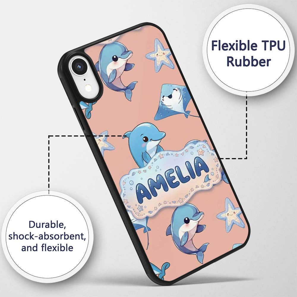 Cute Dolphin Stingray Starfish Cartoon Sea Life Custom Name Protective Phone Case Mobile Cover Durable Everyday Smartphone Shock Resistant
