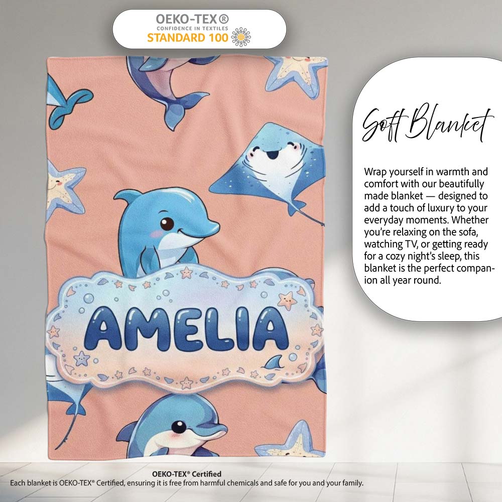 Cute Dolphin Stingray Starfish Cartoon Sea Life Pattern Beige Lovely  Personalised Custom Name Super Soft Fleece Blanket Bed Sofa Throw
