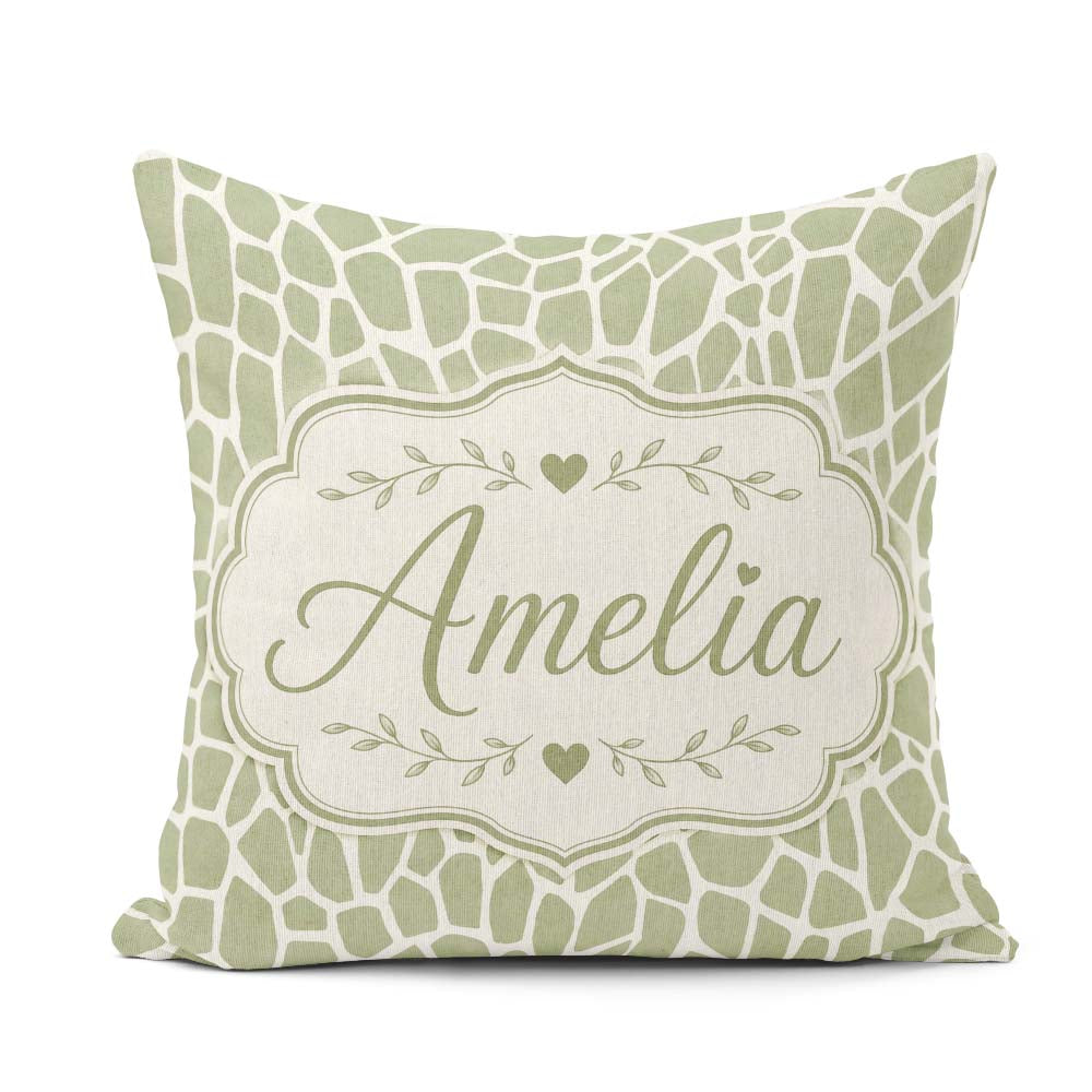 Custom Name Organic Giraffe Print Pattern in Soft Sage Green and Square Filled Cushion Throw Pillow Sofa Bed Home Decor Zip Washable UK Made