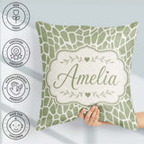 Custom Name Organic Giraffe Print Pattern in Soft Sage Green and Square Filled Cushion Throw Pillow Sofa Bed Home Decor Zip Washable UK Made