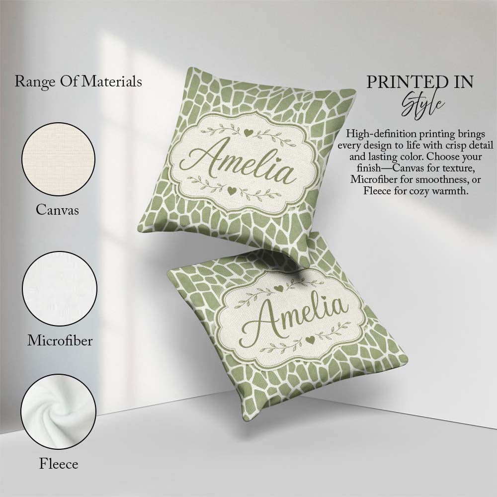 Custom Name Organic Giraffe Print Pattern in Soft Sage Green and Square Filled Cushion Throw Pillow Sofa Bed Home Decor Zip Washable UK Made