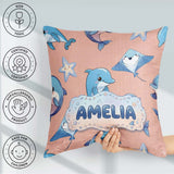 Custom Name Cute Dolphin Stingray Cartoon Sea Life Pattern Beige Square Filled Cushion Throw Pillow Sofa Bed Home Decor Zip Washable UK Made