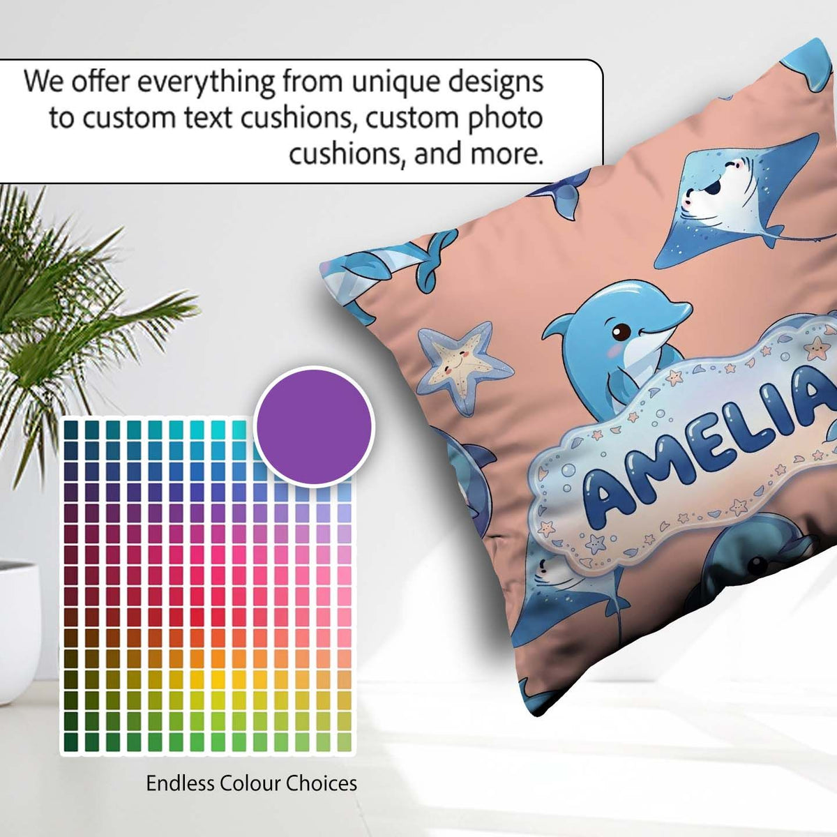 Custom Name Cute Dolphin Stingray Cartoon Sea Life Pattern Beige Square Filled Cushion Throw Pillow Sofa Bed Home Decor Zip Washable UK Made