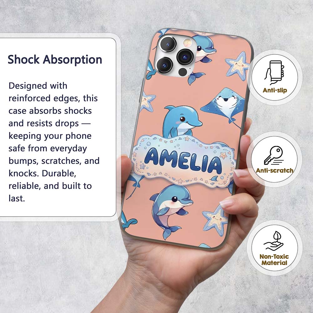 Cute Dolphin Stingray Starfish Cartoon Sea Life Custom Name Protective Phone Case Mobile Cover Durable Everyday Smartphone Shock Resistant