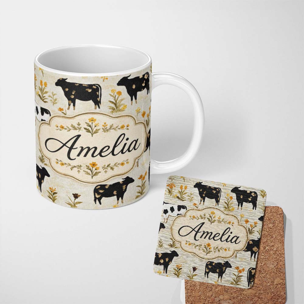 Personalized Custom Name Rustic Cow Silhouette with Floral Meadow Seamless Pattern Lovely 11oz Ceramic Coffee Tea Mug White Large Handle