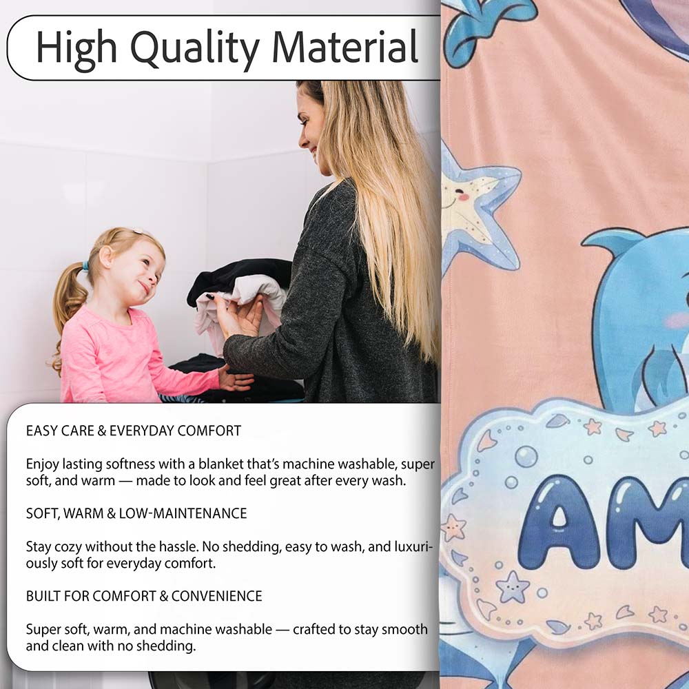Cute Dolphin Stingray Starfish Cartoon Sea Life Pattern Beige Lovely  Personalised Custom Name Super Soft Fleece Blanket Bed Sofa Throw