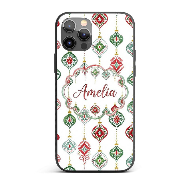 Watercolor Christmas Ornament Baubles Red Green Custom Name Protective Phone Case Mobile Cover Durable Everyday Smartphone Shock Resistant