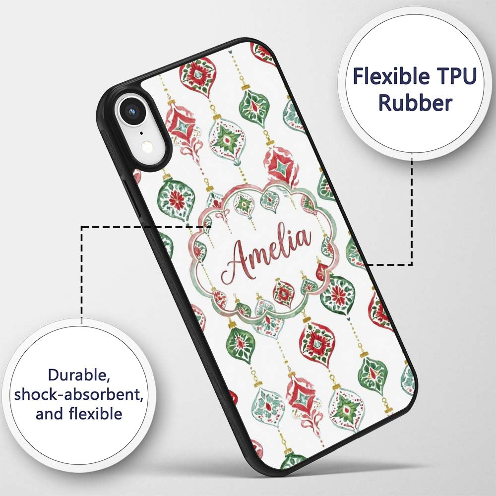 Watercolor Christmas Ornament Baubles Red Green Custom Name Protective Phone Case Mobile Cover Durable Everyday Smartphone Shock Resistant