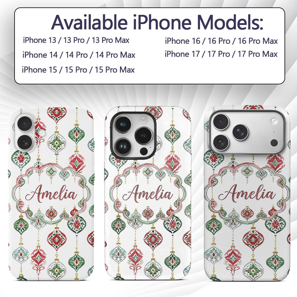 Watercolor Christmas Ornament Baubles Red Green Custom Name Protective Phone Case Mobile Cover Durable Everyday Smartphone Shock Resistant