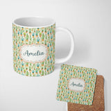 Personalized Custom Name Soft Watercolor Potted Cactus Succulent Garden Seamless Pattern 11oz Ceramic Coffee Tea Mug White Large Handle