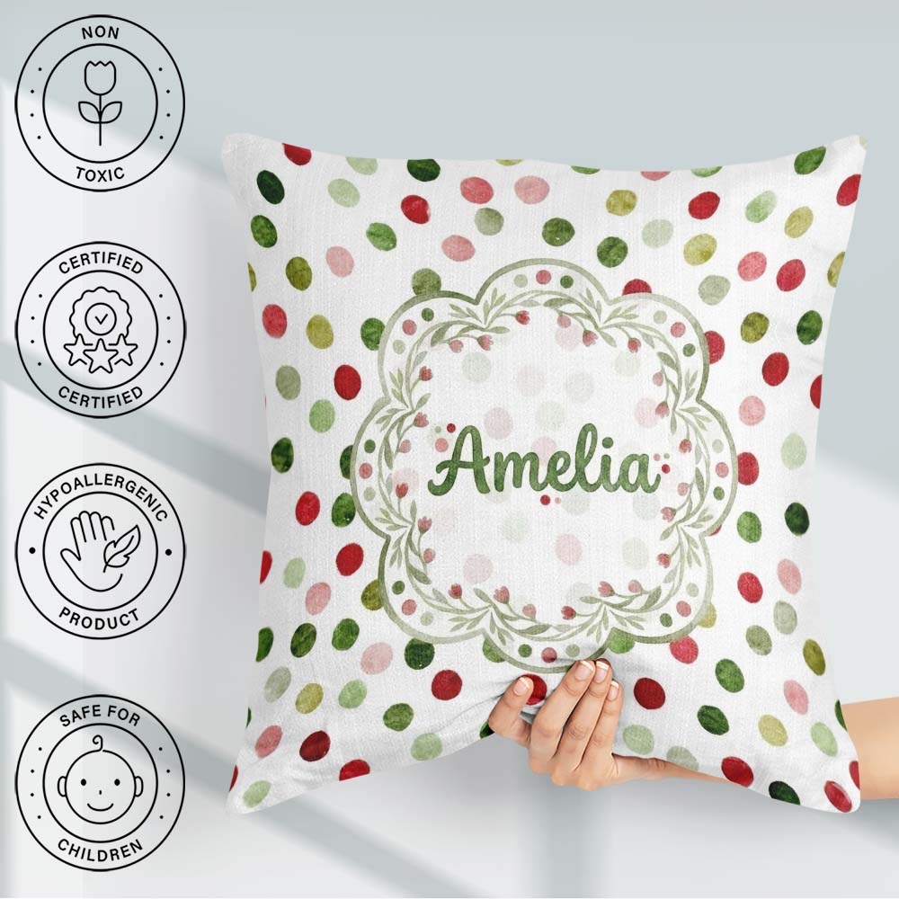 Custom Name Festive Red Green Watercolor Polka Pattern Christmas Square Filled Cushion Throw Pillow Sofa Bed Home Decor Zip Washable UK Made