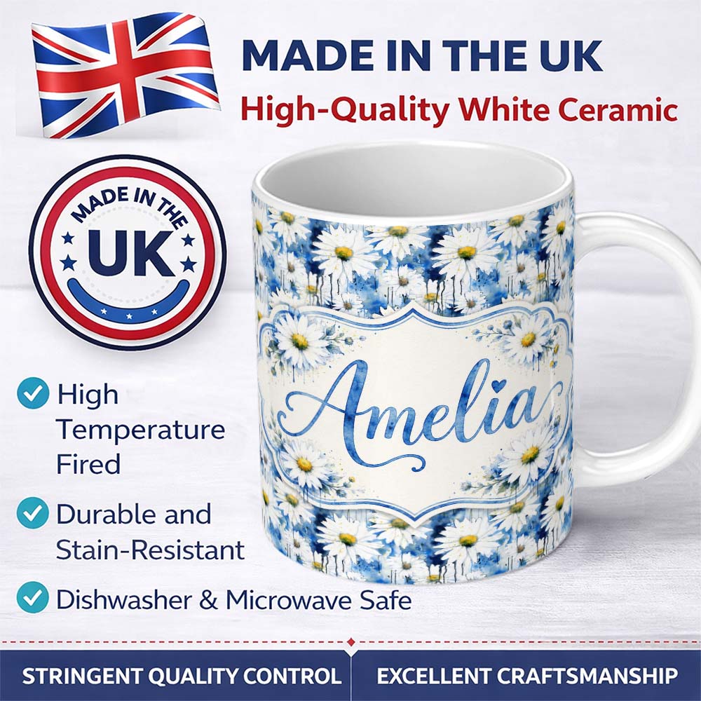 Personalized Custom Name Blue Watercolor Drip Daisy Artistic Seamless Pattern Lovely 11oz Ceramic Coffee Tea Mug White Large Handle