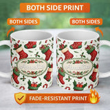 Personalized Custom Name Cute Christmas Stocking Gifts Candy Cane Holly Seamless Pattern 11oz Ceramic Coffee Tea Mug White Large Handle