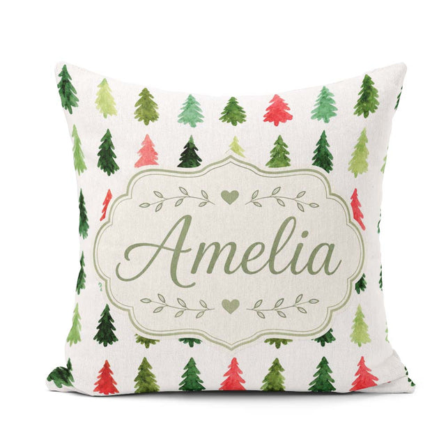 Custom Name Watercolor Christmas Tree Pattern in Red and Festive Square Filled Cushion Throw Pillow Sofa Bed Home Decor Zip Washable UK Made