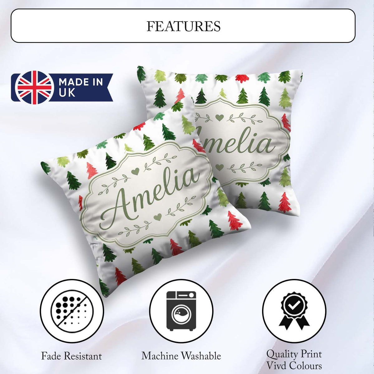 Custom Name Watercolor Christmas Tree Pattern in Red and Festive Square Filled Cushion Throw Pillow Sofa Bed Home Decor Zip Washable UK Made