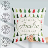 Custom Name Watercolor Christmas Tree Pattern in Red and Festive Square Filled Cushion Throw Pillow Sofa Bed Home Decor Zip Washable UK Made