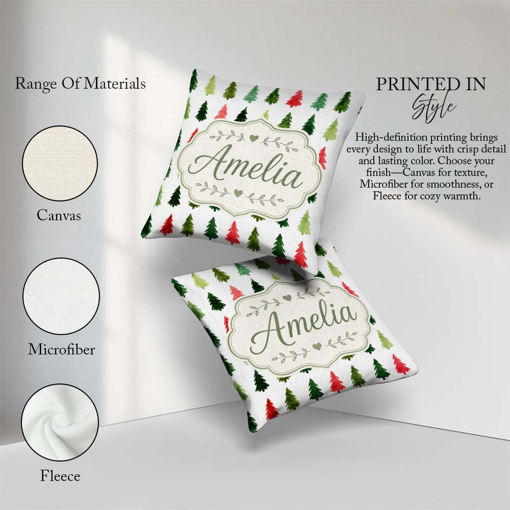 Custom Name Watercolor Christmas Tree Pattern in Red and Festive Square Filled Cushion Throw Pillow Sofa Bed Home Decor Zip Washable UK Made