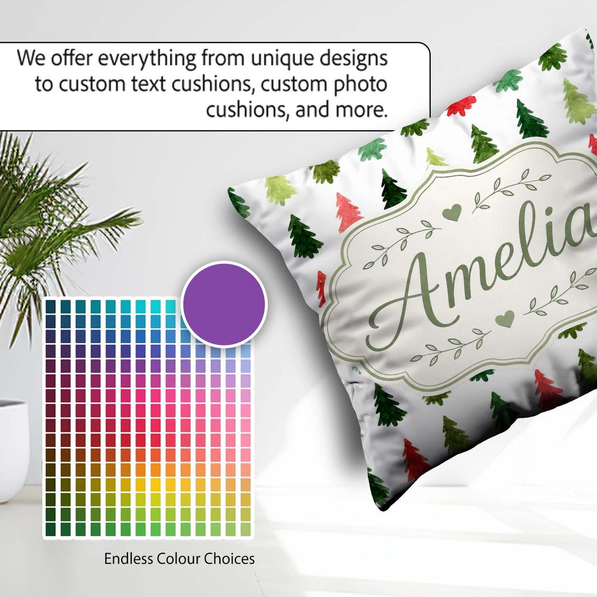 Custom Name Watercolor Christmas Tree Pattern in Red and Festive Square Filled Cushion Throw Pillow Sofa Bed Home Decor Zip Washable UK Made