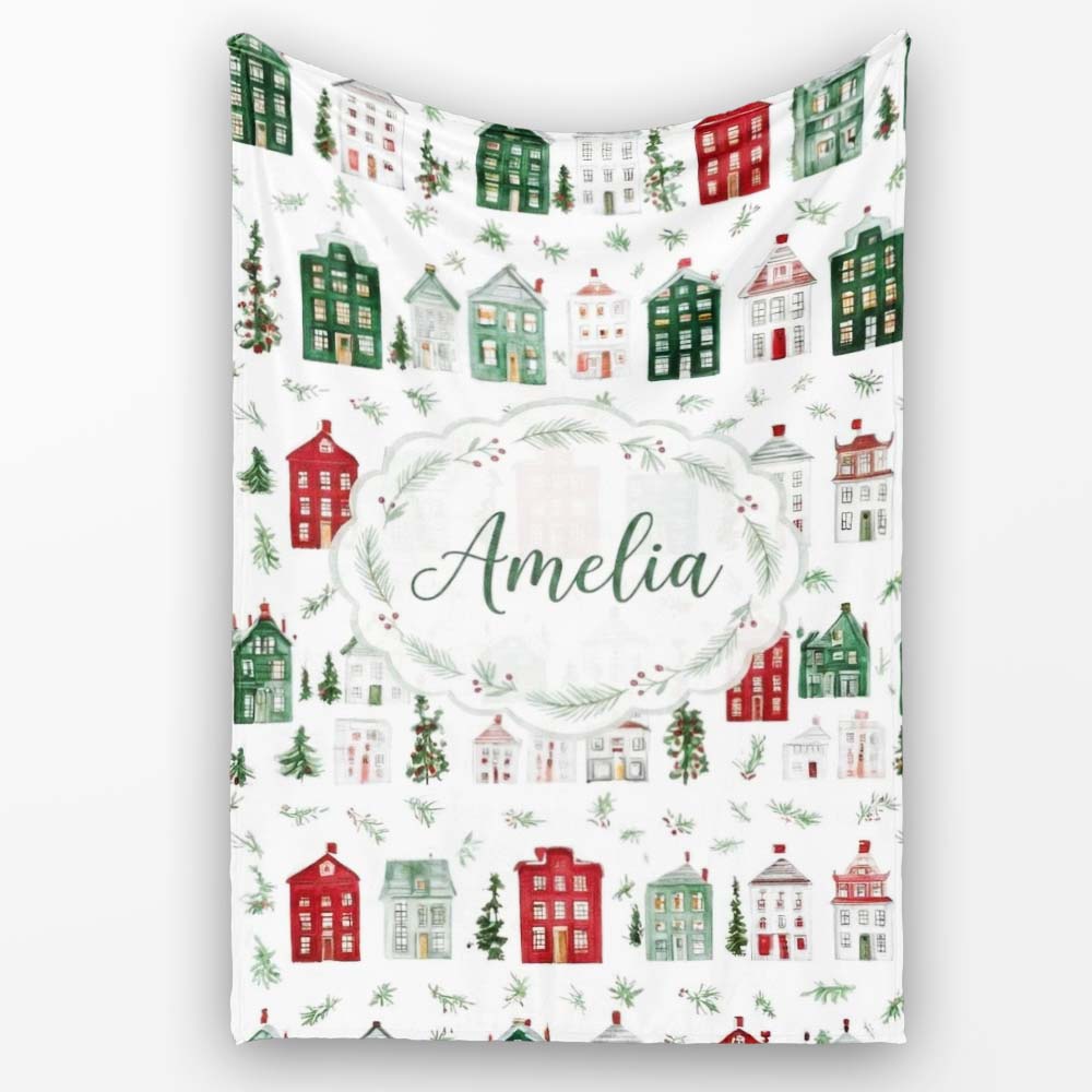 Charming Winter Village Houses and Trees Christmas Seamless Pattern  Personalised Custom Name Super Soft Fleece Blanket Bed Sofa Throw