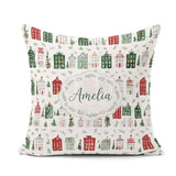 Custom Name Winter Village Houses and Christmas Seamless Pattern Square Filled Cushion Throw Pillow Sofa Bed Home Decor Zip Washable UK Made
