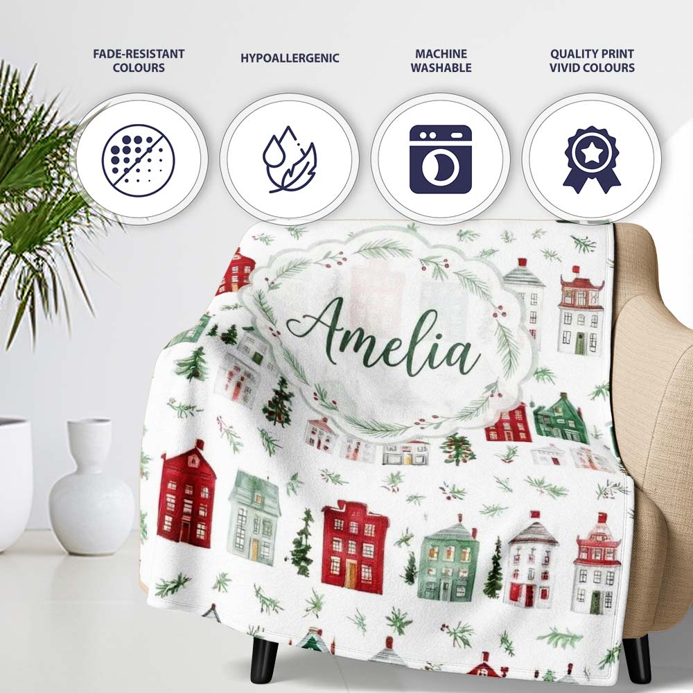 Charming Winter Village Houses and Trees Christmas Seamless Pattern  Personalised Custom Name Super Soft Fleece Blanket Bed Sofa Throw