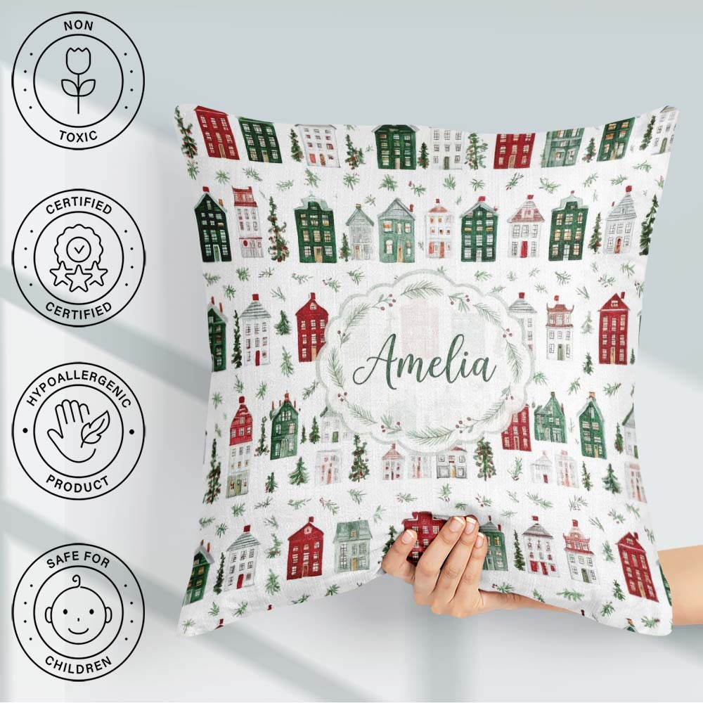 Custom Name Winter Village Houses and Christmas Seamless Pattern Square Filled Cushion Throw Pillow Sofa Bed Home Decor Zip Washable UK Made