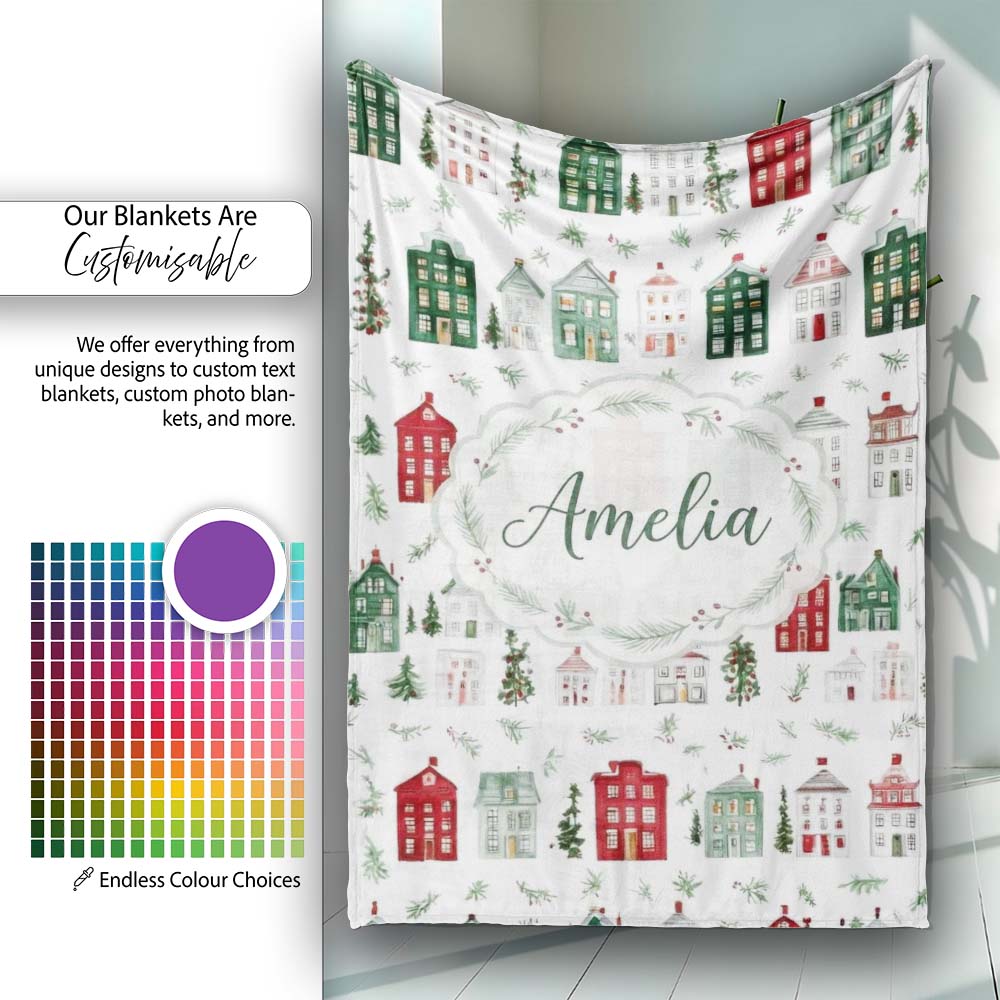 Charming Winter Village Houses and Trees Christmas Seamless Pattern  Personalised Custom Name Super Soft Fleece Blanket Bed Sofa Throw
