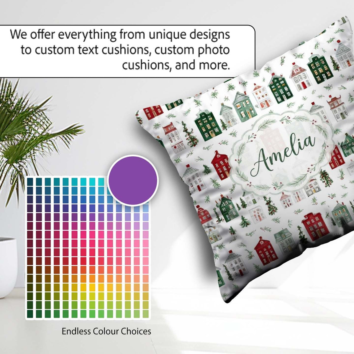 Custom Name Winter Village Houses and Christmas Seamless Pattern Square Filled Cushion Throw Pillow Sofa Bed Home Decor Zip Washable UK Made
