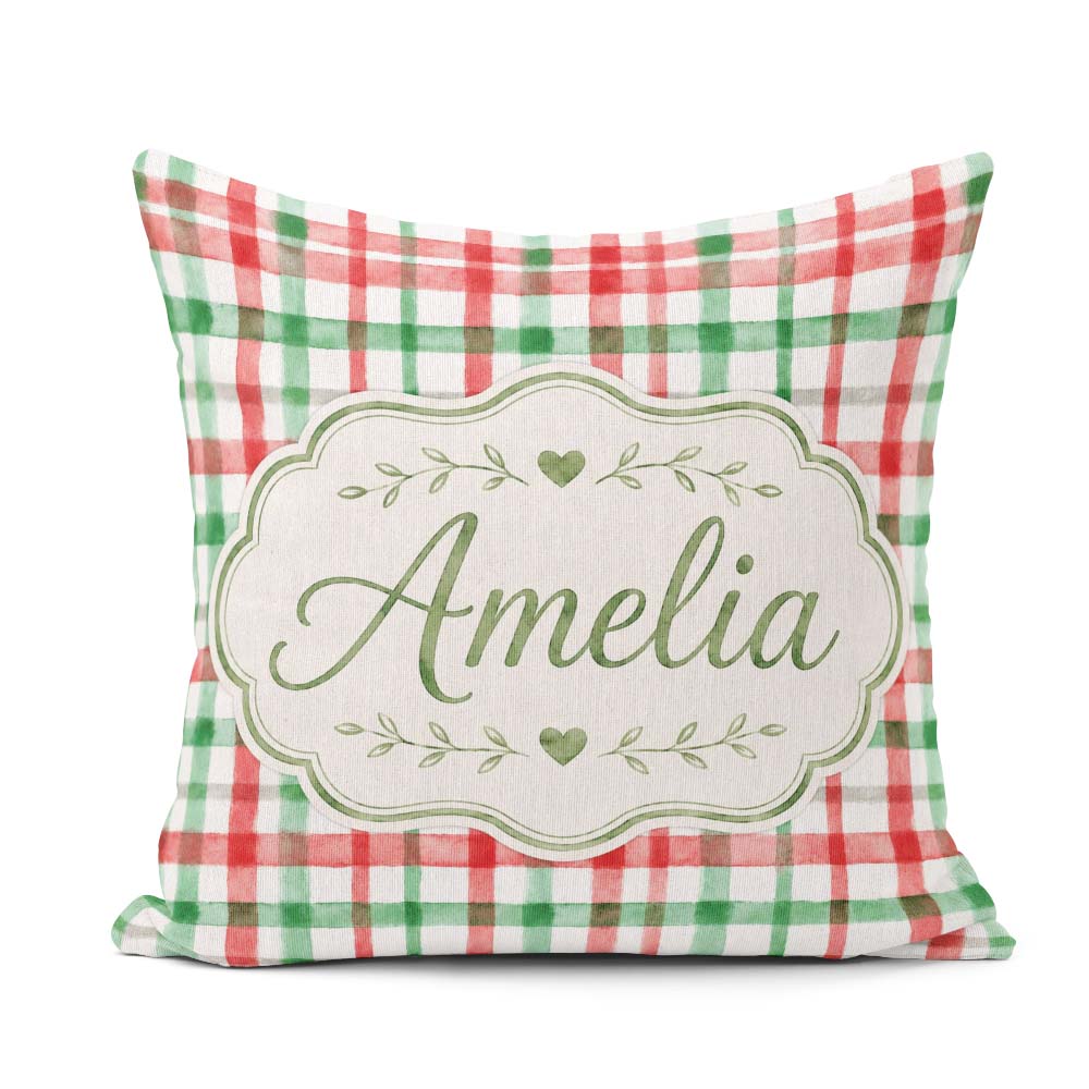 Custom Name Classic Green Plaid Tartan Watercolor Pattern Design Square Filled Cushion Throw Pillow Sofa Bed Home Decor Zip Washable UK Made