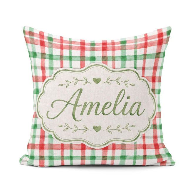 Custom Name Classic Green Plaid Tartan Watercolor Pattern Design Square Filled Cushion Throw Pillow Sofa Bed Home Decor Zip Washable UK Made