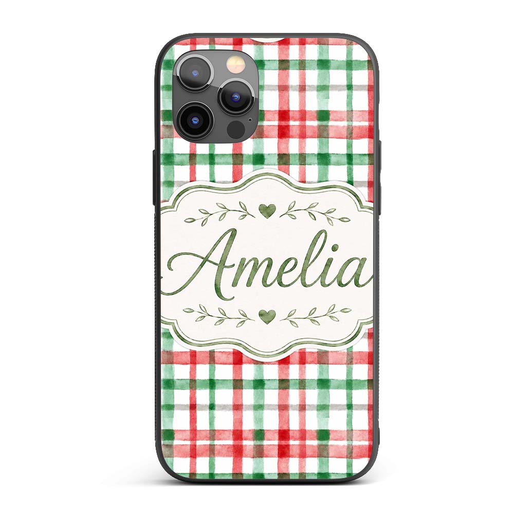Classic Red Green Plaid Tartan Watercolor Pattern Custom Name Protective Phone Case Mobile Cover Durable Everyday Smartphone Shock Resistant
