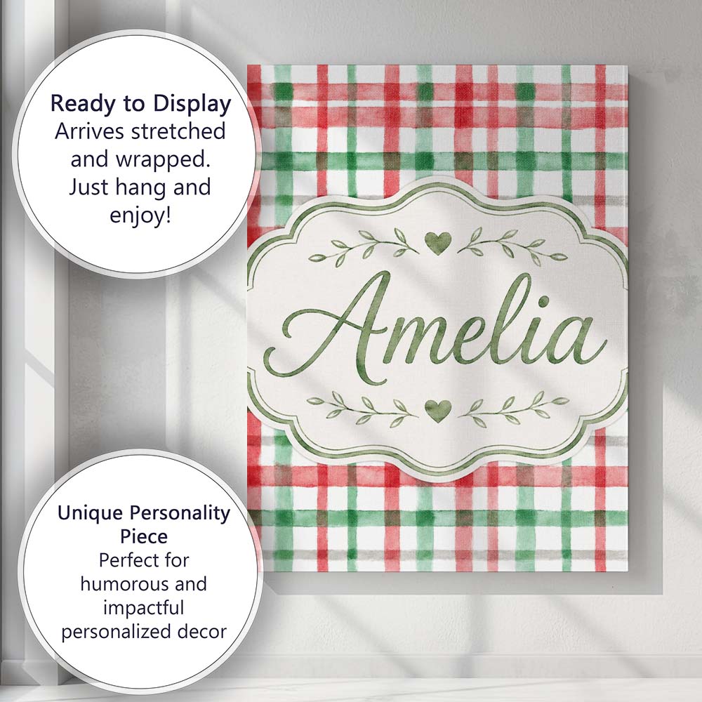 Personalised Name Classic Red Green Plaid Custom  Unique Gift Idea Elegant Feature Canvas Wall Art Print Decor Picture Ready to Hang