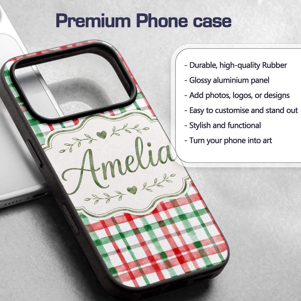 Classic Red Green Plaid Tartan Watercolor Pattern Custom Name Protective Phone Case Mobile Cover Durable Everyday Smartphone Shock Resistant