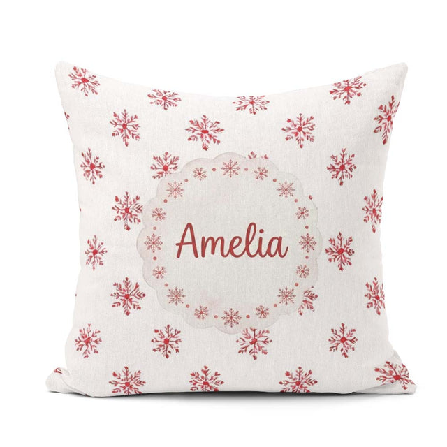 Custom Name Minimal Red Snowflake Watercolor Seamless Pattern on Square Filled Cushion Throw Pillow Sofa Bed Home Decor Zip Washable UK Made