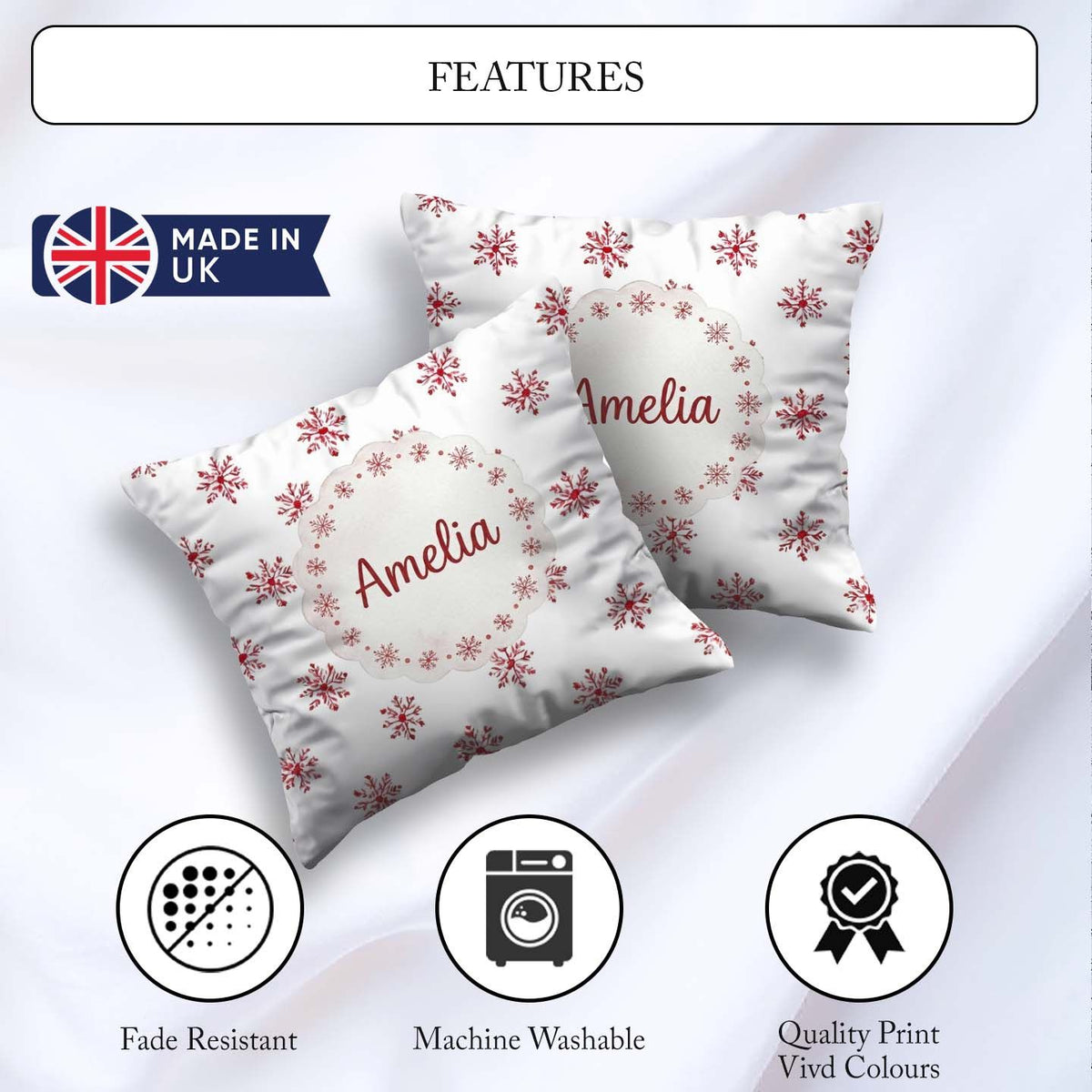 Custom Name Minimal Red Snowflake Watercolor Seamless Pattern on Square Filled Cushion Throw Pillow Sofa Bed Home Decor Zip Washable UK Made